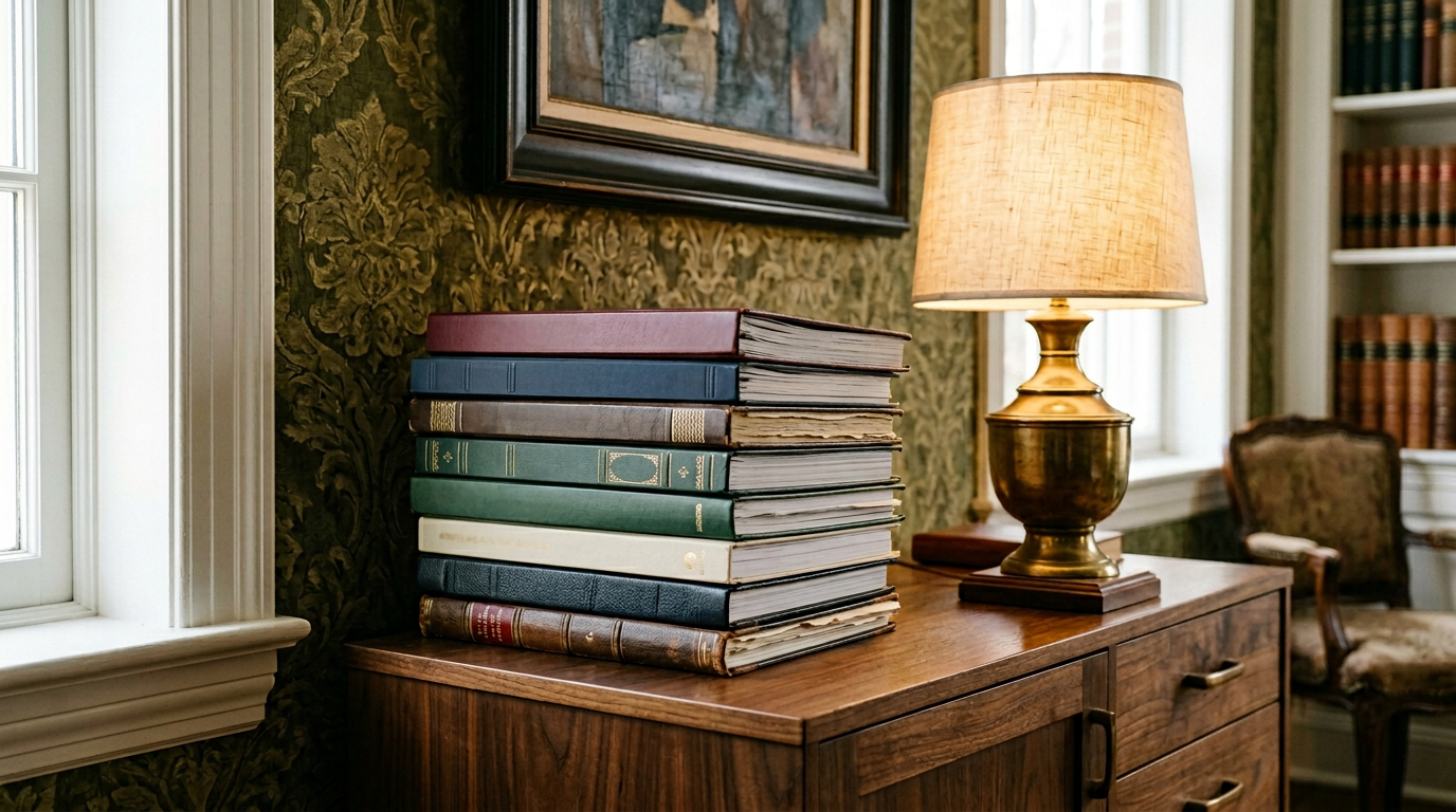 Reports stacked beside a brass lamp on a credenza