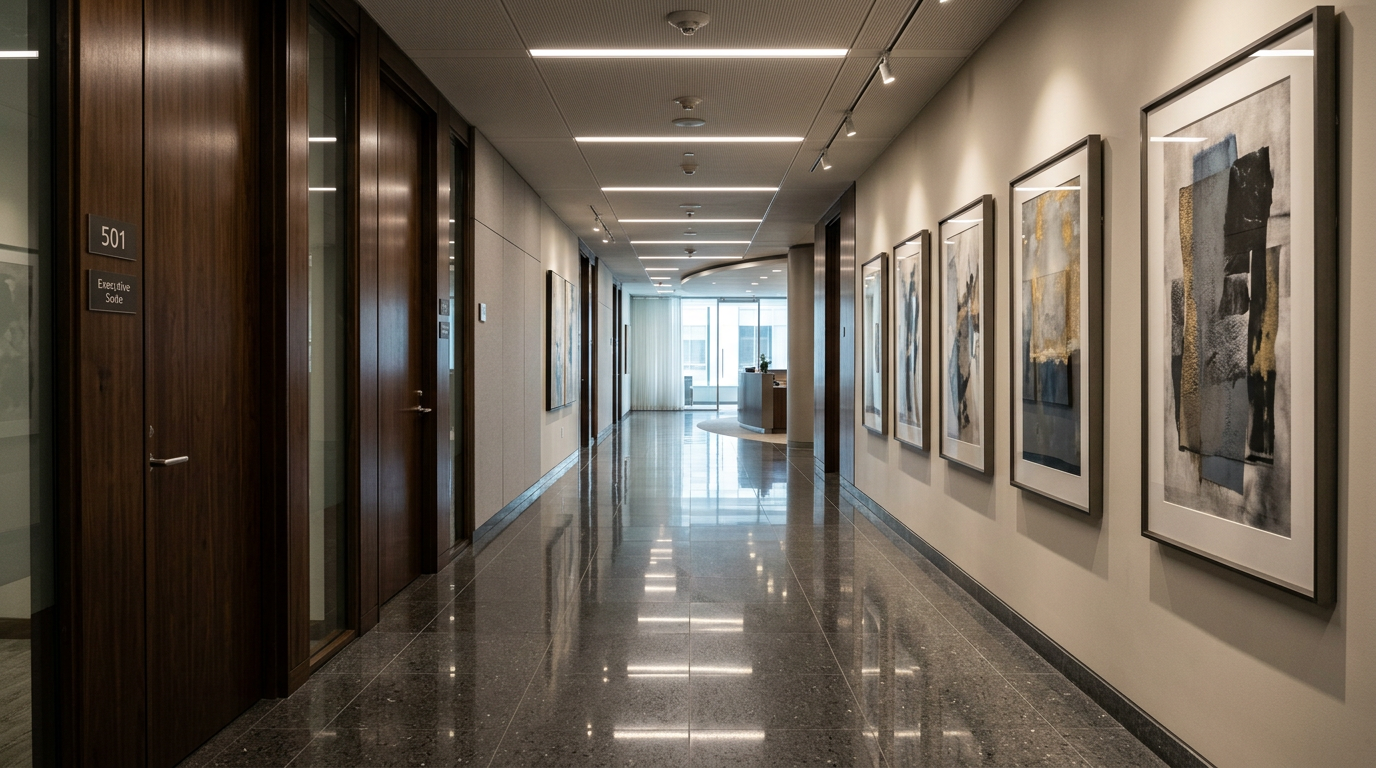Executive hallway with polished floor reflections