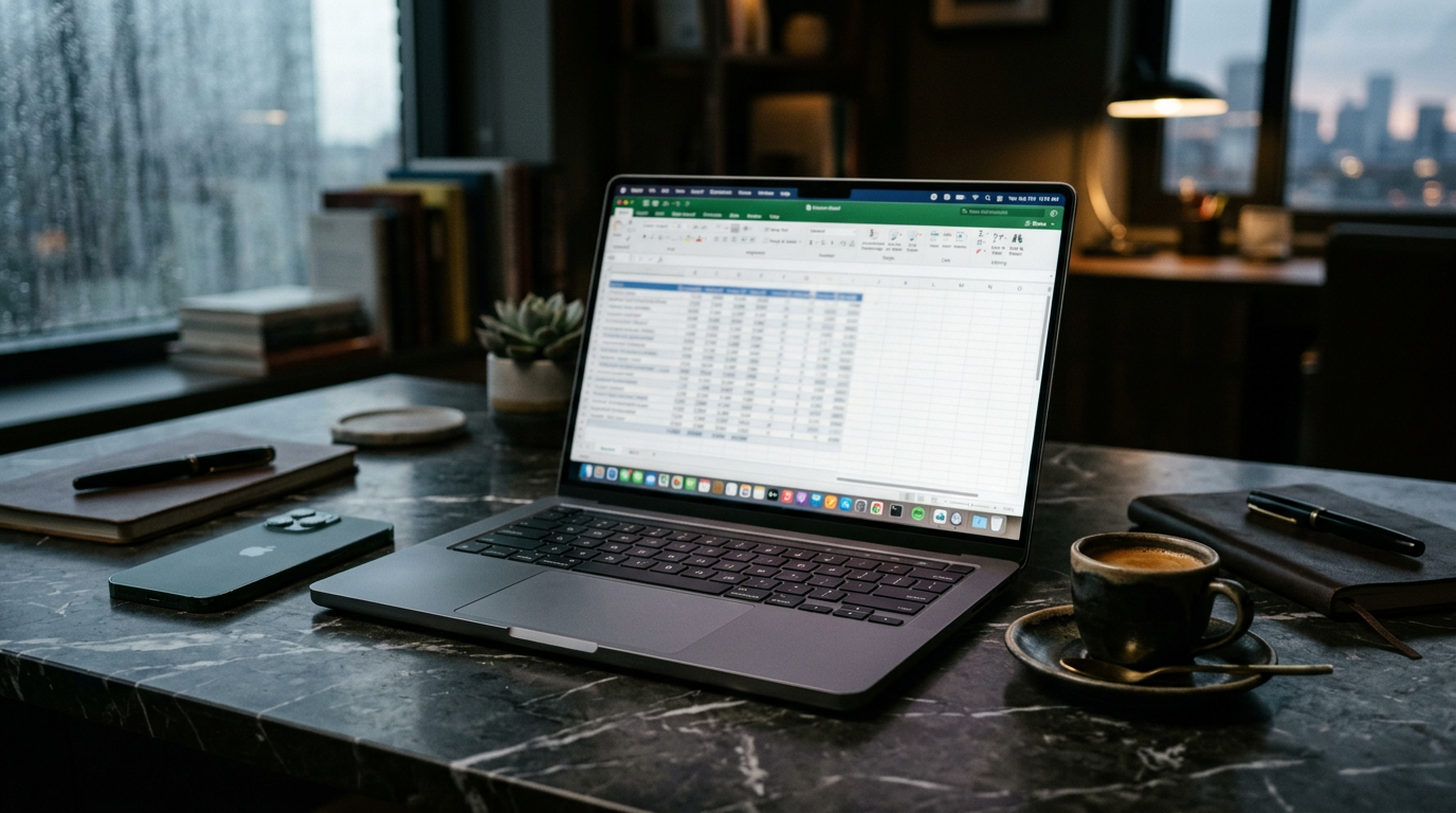 Workspace with laptop and espresso on marble