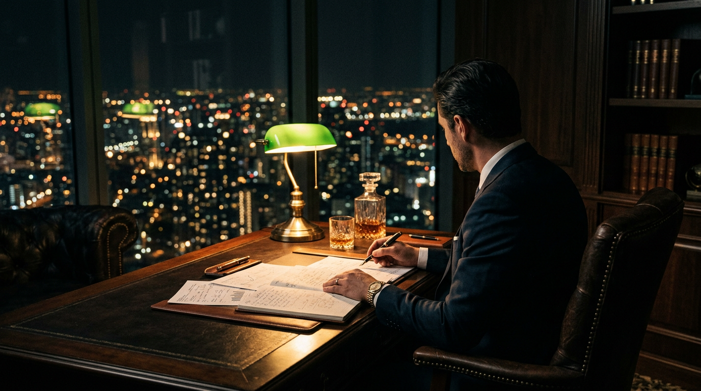 Private office desk lamp illuminating financial papers at night