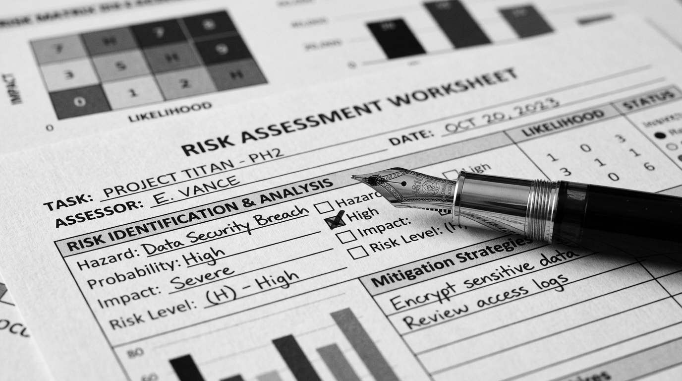 Fountain pen resting on a printed risk assessment worksheet