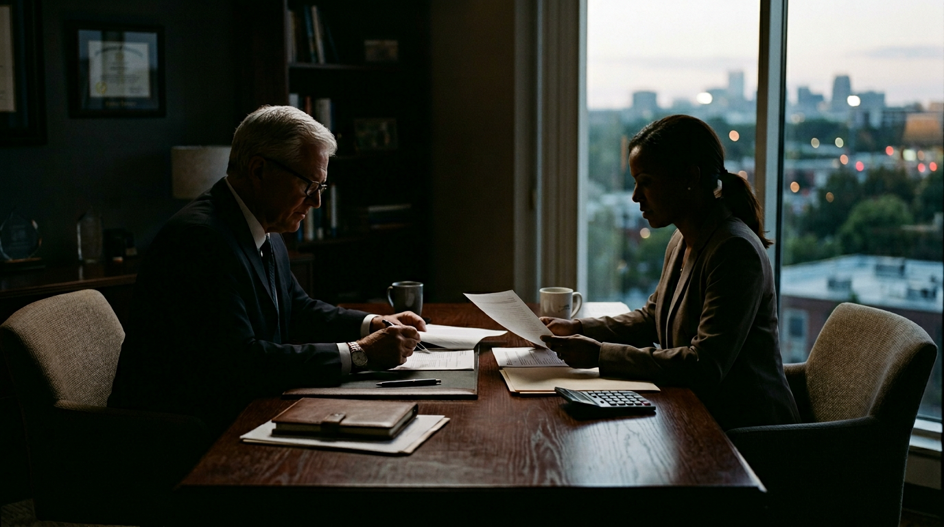 Advisor and client silhouettes reviewing documents across a desk